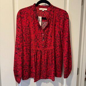 LOFT- Red- Floral Lace Trim Mixed Media Blouse- Size Medium- NWT